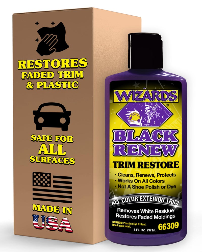 Wizards Black Renew Trim Restorer Treatment - Removes White Residue and Restores Faded Moldings -Car Interior Detailing Kit For All Smooth and Textured Trim, Plastic and Rubber Surfaces - 8 oz - Image 1