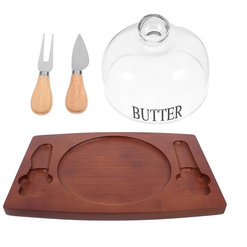 Rustic Wooden Butter Dish with Glass Lid Wood Tray and Cutter Fork for Kitchen Fridge Storage - Image 2