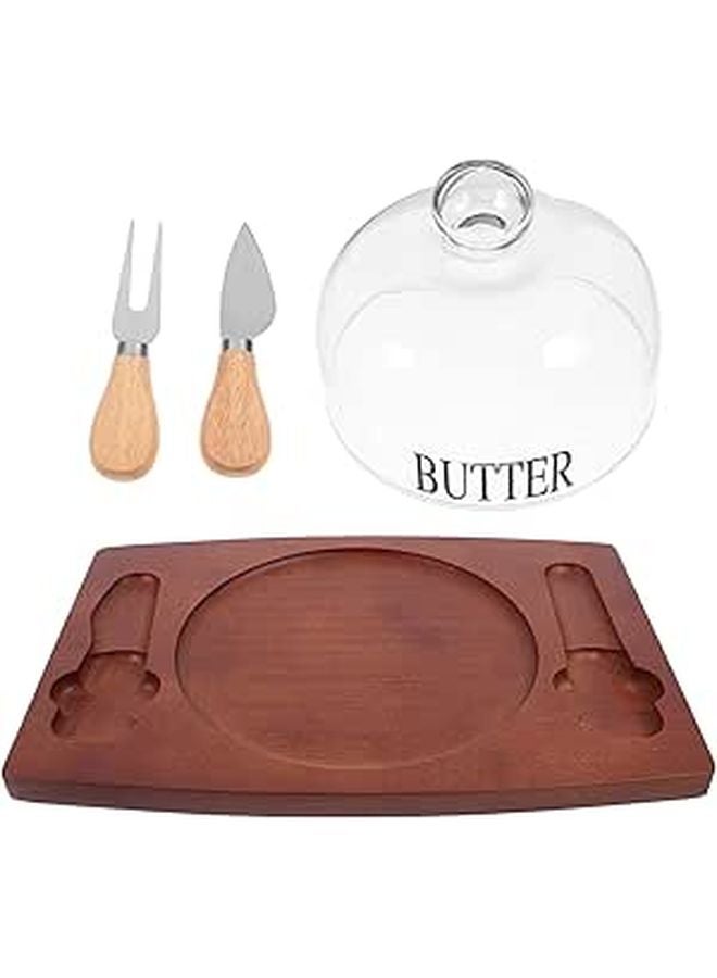 Rustic Wooden Butter Dish with Glass Lid Wood Tray and Cutter Fork for Kitchen Fridge Storage - Image 1