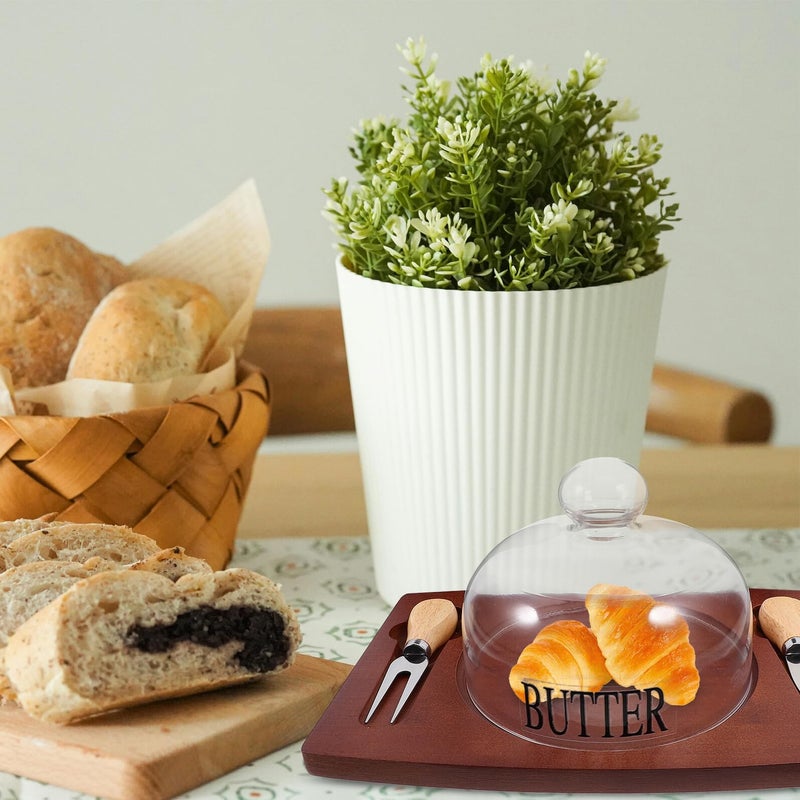 Rustic Wooden Butter Dish with Glass Lid Wood Tray and Cutter Fork for Kitchen Fridge Storage - Image 5