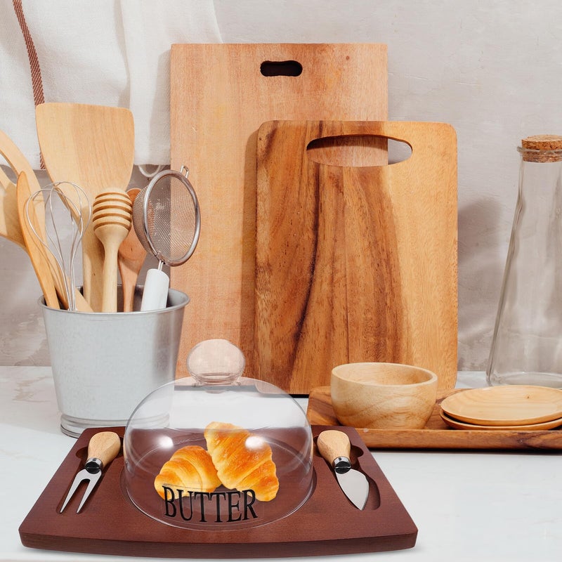 Rustic Wooden Butter Dish with Glass Lid Wood Tray and Cutter Fork for Kitchen Fridge Storage - Image 4