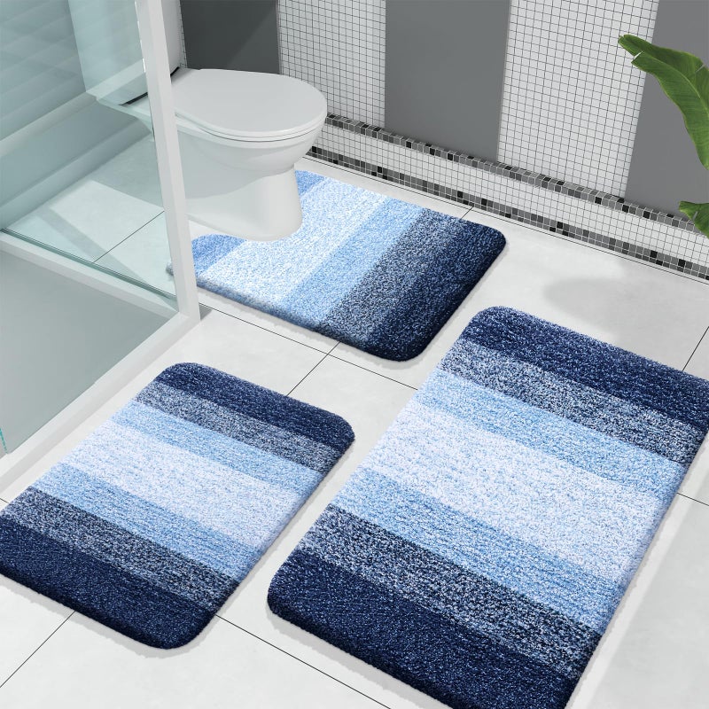 OLANLY Bathroom Rugs Sets 3 Piece Soft Absorbent Microfiber Bath Mats and UShaped Contour Toilet Rug Plush Shaggy Bath Mat Set for Bathroom 30x2024x1624x20 Navy