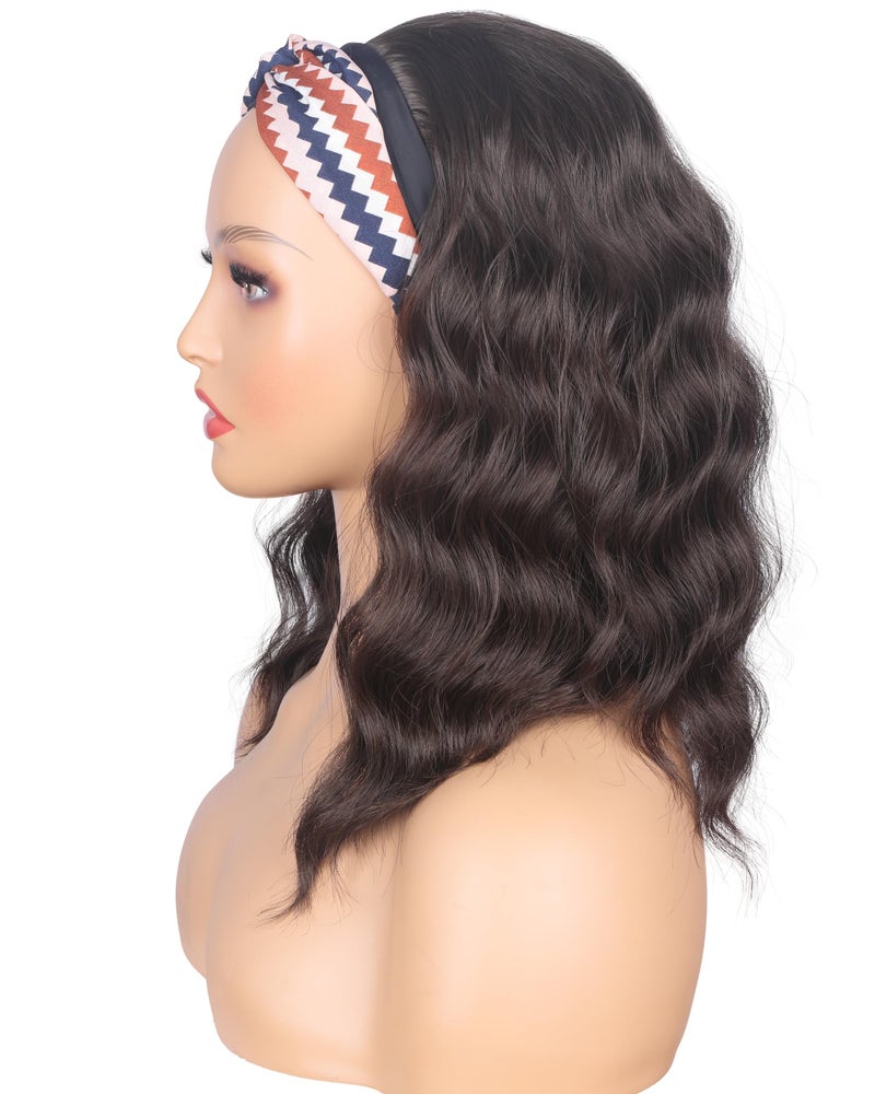 SYMEIW Shoulder Length Medium Brown Wavy Headband Wig For Black Women Curly Half Wigs With Headband Attached For Daily Use (Brown) - Image 4
