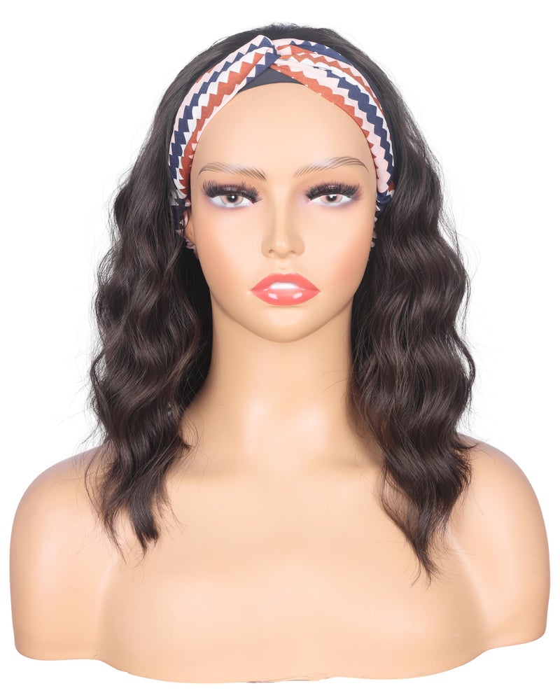 SYMEIW Shoulder Length Medium Brown Wavy Headband Wig For Black Women Curly Half Wigs With Headband Attached For Daily Use (Brown) - Image 2