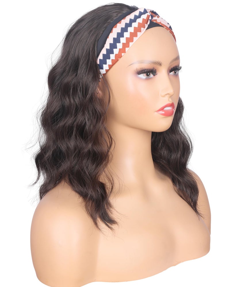 SYMEIW Shoulder Length Medium Brown Wavy Headband Wig For Black Women Curly Half Wigs With Headband Attached For Daily Use (Brown) - Image 5