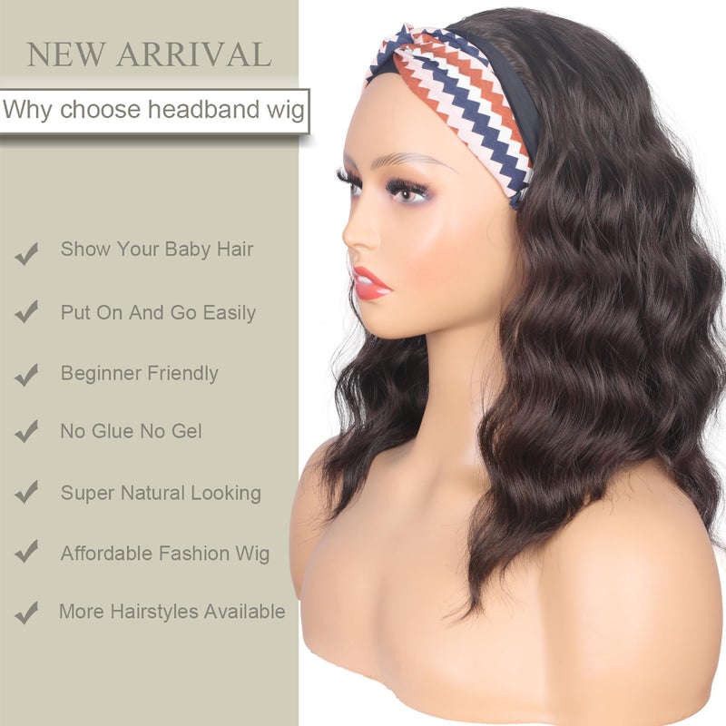 SYMEIW Shoulder Length Medium Brown Wavy Headband Wig For Black Women Curly Half Wigs With Headband Attached For Daily Use (Brown) - Image 3