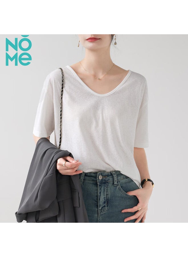 Nome White Short-sleeve V-neck T-shirt For Women, Loose-fitting Summer Snowflake Cotton Half-sleeve Undershirt, Slimming Top For Outer Wear, White, L - Image 1