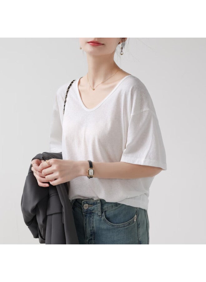 Nome White Short-sleeve V-neck T-shirt For Women, Loose-fitting Summer Snowflake Cotton Half-sleeve Undershirt, Slimming Top For Outer Wear, White, L - Image 4