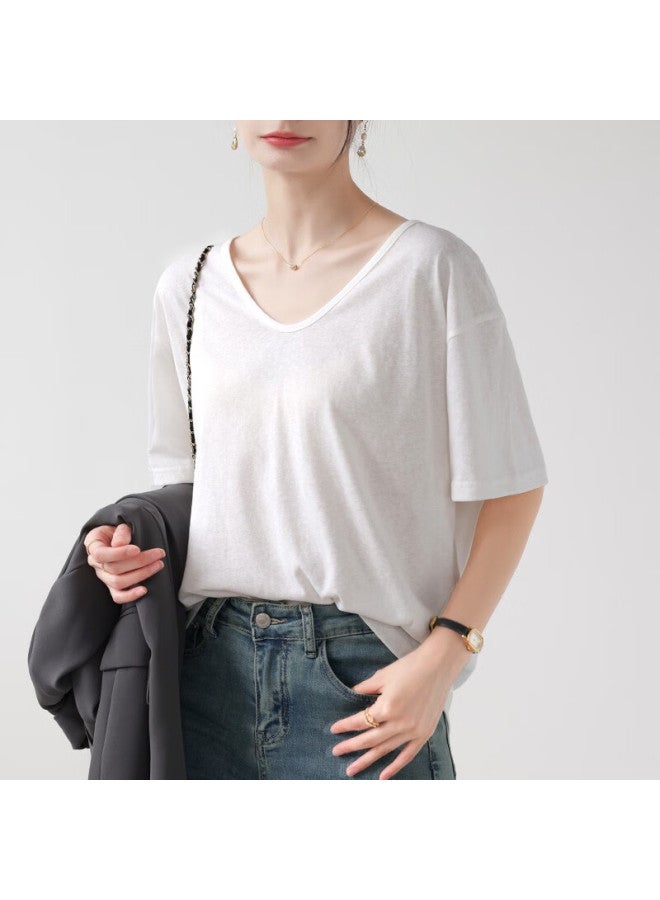 Nome White Short-sleeve V-neck T-shirt For Women, Loose-fitting Summer Snowflake Cotton Half-sleeve Undershirt, Slimming Top For Outer Wear, White, L - Image 2