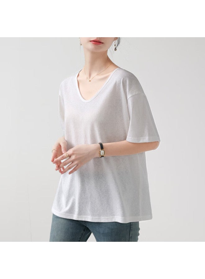 Nome White Short-sleeve V-neck T-shirt For Women, Loose-fitting Summer Snowflake Cotton Half-sleeve Undershirt, Slimming Top For Outer Wear, White, L - Image 3