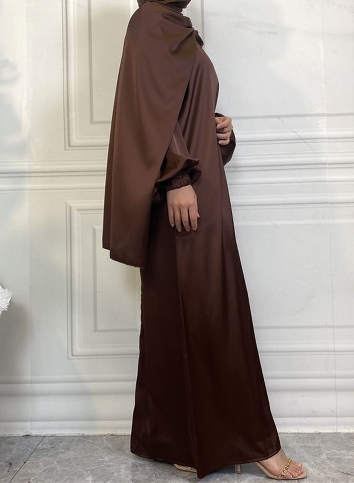Loquat Satin Side Pocket Dress With Hijab Abaya Brown  - Image 3