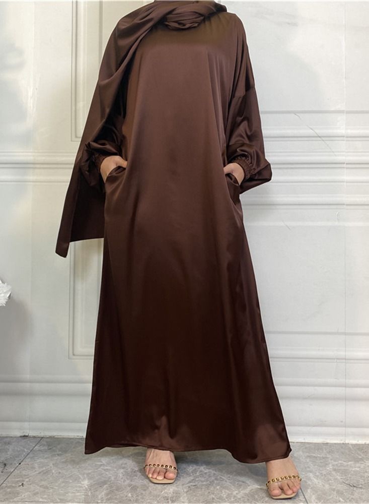 Loquat Satin Side Pocket Dress With Hijab Abaya Brown  - Image 1