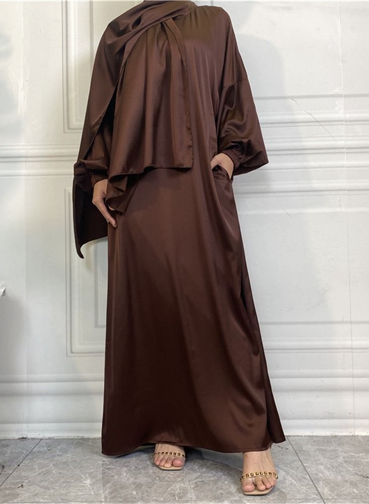 Loquat Satin Side Pocket Dress With Hijab Abaya Brown  - Image 2