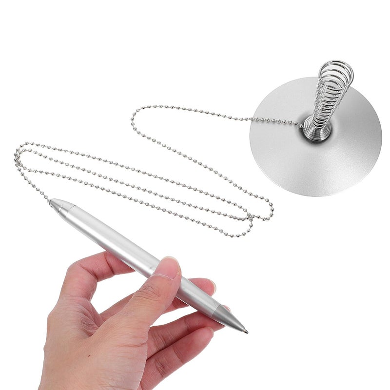 Stainless Steel Ballpoint Pen with Chain and Base for Office Reception Counter Business Use - Image 5