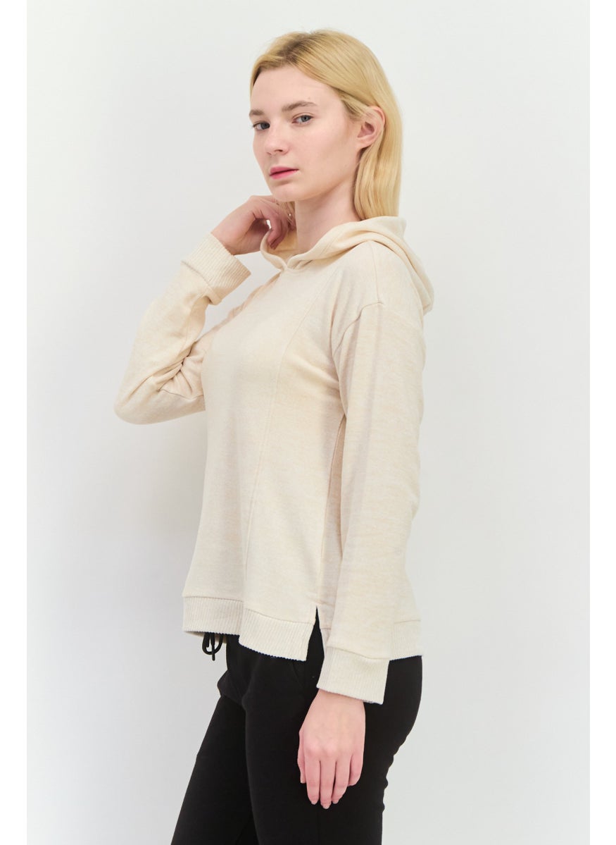 89th + Madison - Women Hooded Herringbone Long Sleeves Sweatshirt, Beige - Image 1