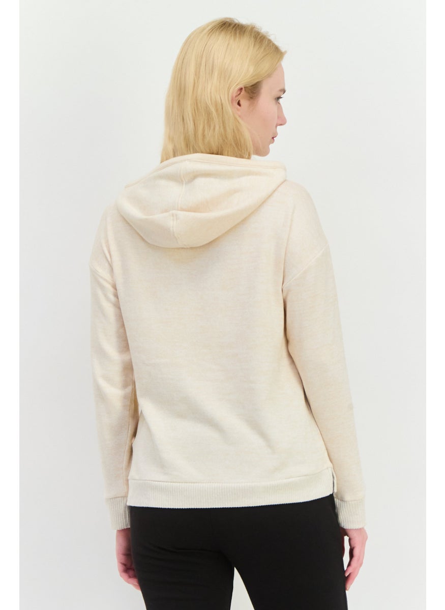89th + Madison - Women Hooded Herringbone Long Sleeves Sweatshirt, Beige - Image 1