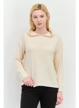 Women Hooded Herringbone Long Sleeves Sweatshirt, Beige