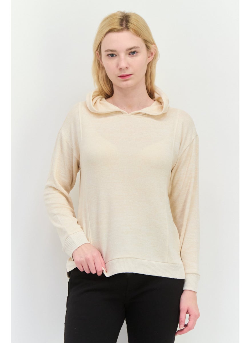 89th + Madison - Women Hooded Herringbone Long Sleeves Sweatshirt, Beige - Image 1