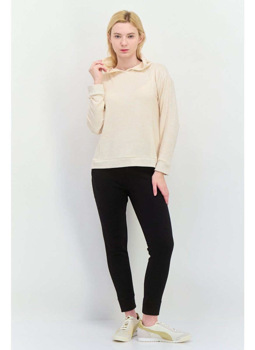 89th + Madison - Women Hooded Herringbone Long Sleeves Sweatshirt, Beige - Image 1