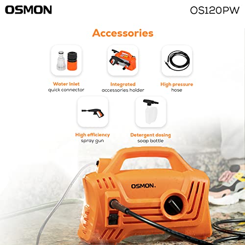 Osmon OS PW120 High Flow Pressure Washer | 1500W Copper Motor, 120 Bar, 7L/Min Flow | Portable Design with 5m Hose & Spray Gun | for Home, Car & Bike Cleaning | 1-Year Warranty | Orange - Image 2