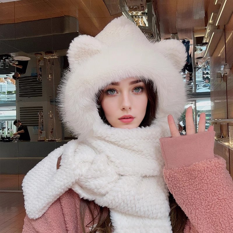 Cute Cat Ear Knit Beanie Women Autumn Winter Fashion Warm 791 creamy-white three-piece set [round ear-big Mao Mao hat brim]]