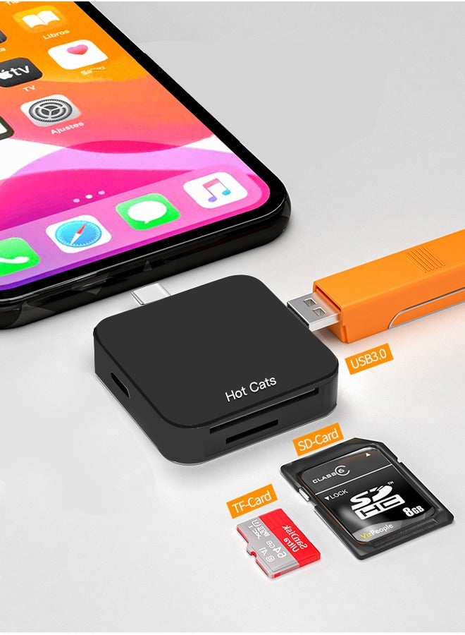 Hot Cats SD Card Reader USB 3.0 USB C OTG Triple Slot for UHS-I Micro SD SD SDXC SDHC Micro SDXC Micro SDHC MMC, Compatible for Computer and Mobile Phone, Mini Portable Card Reader, Black  - Image 1