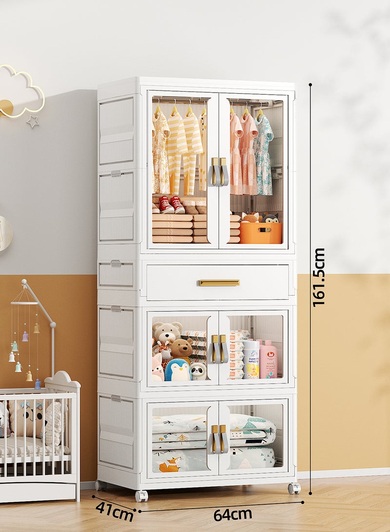 Ollieroo Plastic Modular Storage Cabinet – PP/PET/ABS Wardrobe with 1 Drawer, 2 Foldable Boxes, Hanging Rod and 6 Hangers (Colors Random), Lockable Swivel Wheels, Pre-Installed Handles, and Magnetic Doors for Bedroom, Closet, or Living Room, 64 × 41 × 161.5 cm - Image 2