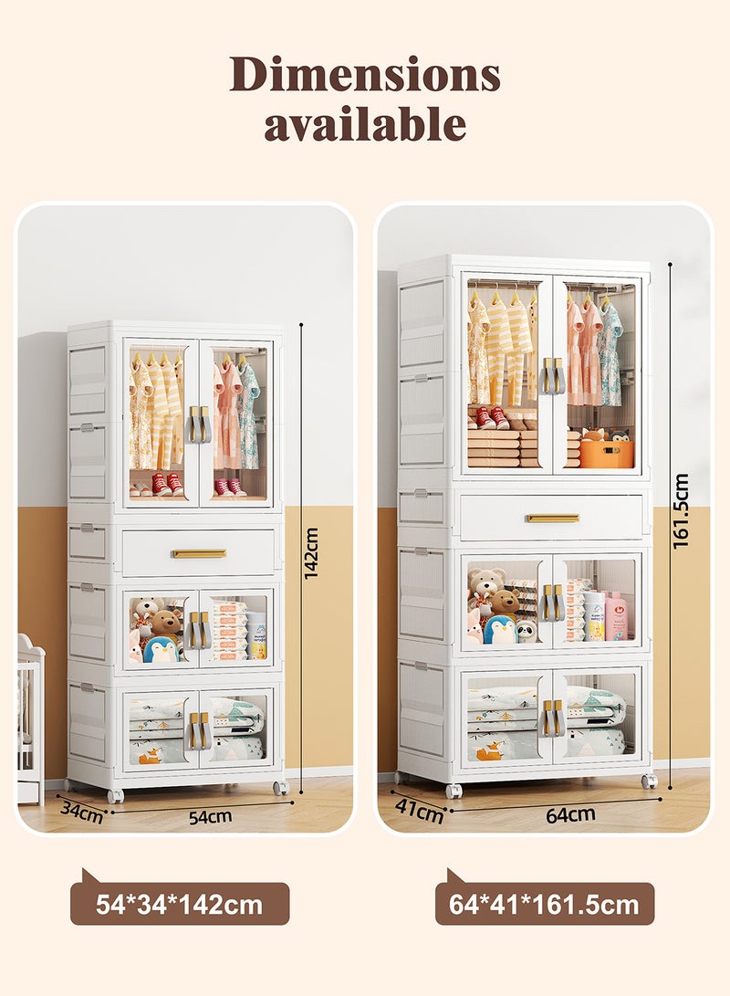 Ollieroo Plastic Modular Storage Cabinet – PP/PET/ABS Wardrobe with 1 Drawer, 2 Foldable Boxes, Hanging Rod and 6 Hangers (Colors Random), Lockable Swivel Wheels, Pre-Installed Handles, and Magnetic Doors for Bedroom, Closet, or Living Room, 64 × 41 × 161.5 cm - Image 3