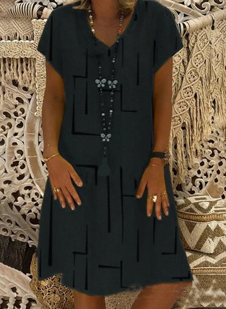 NIBEMINENT Summer Fashion Midi Dress Women Print V Neck Short Sleeve Vintage Loose Dresses Female Casual Beach Boho Dress - Image 1