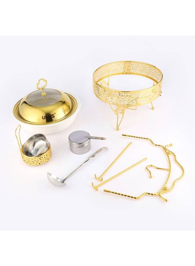 NKX 8.0L Elegant Gold and White Serving Dish Set with Stand and Tongs - Image 3