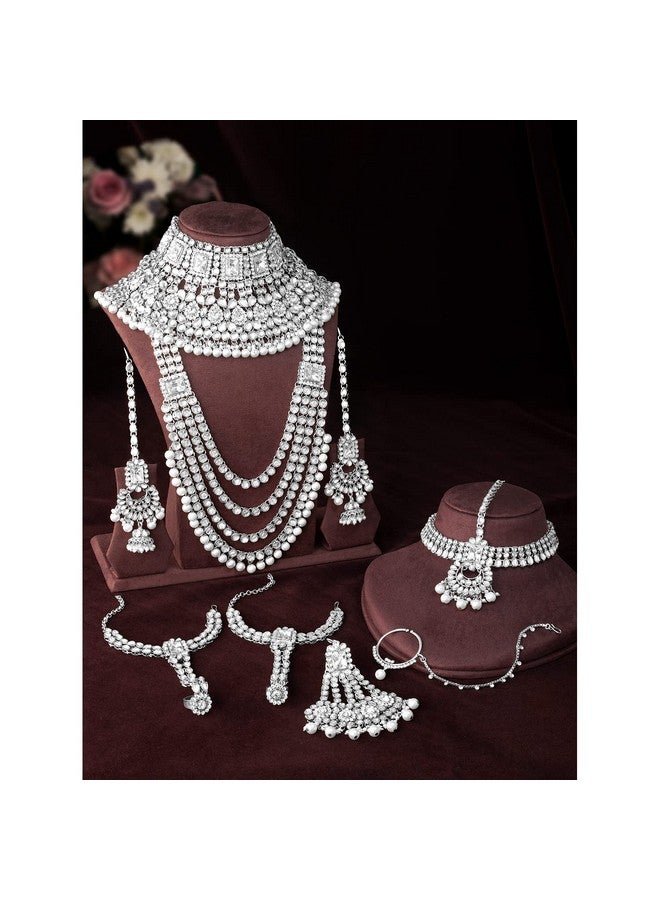 Peora Ethnic Indian Traditional Silver Plated Bras Alloy Kundan Dulhan Bridal Jewellery Set with Choker Earrings Maang Tikka Hathphool for Women Girls, Rhodium White - Image 4