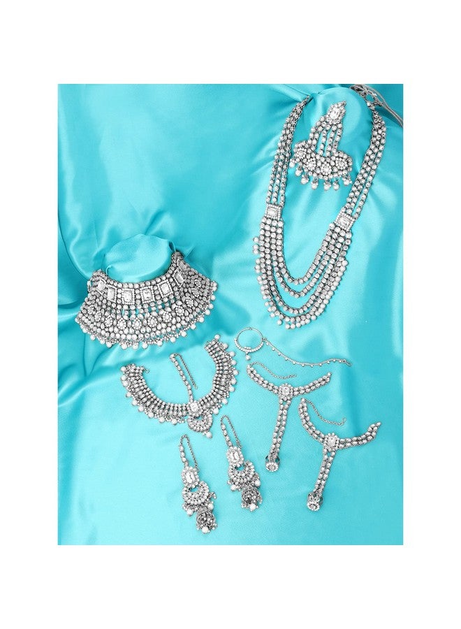 Peora Ethnic Indian Traditional Silver Plated Bras Alloy Kundan Dulhan Bridal Jewellery Set with Choker Earrings Maang Tikka Hathphool for Women Girls, Rhodium White - Image 5