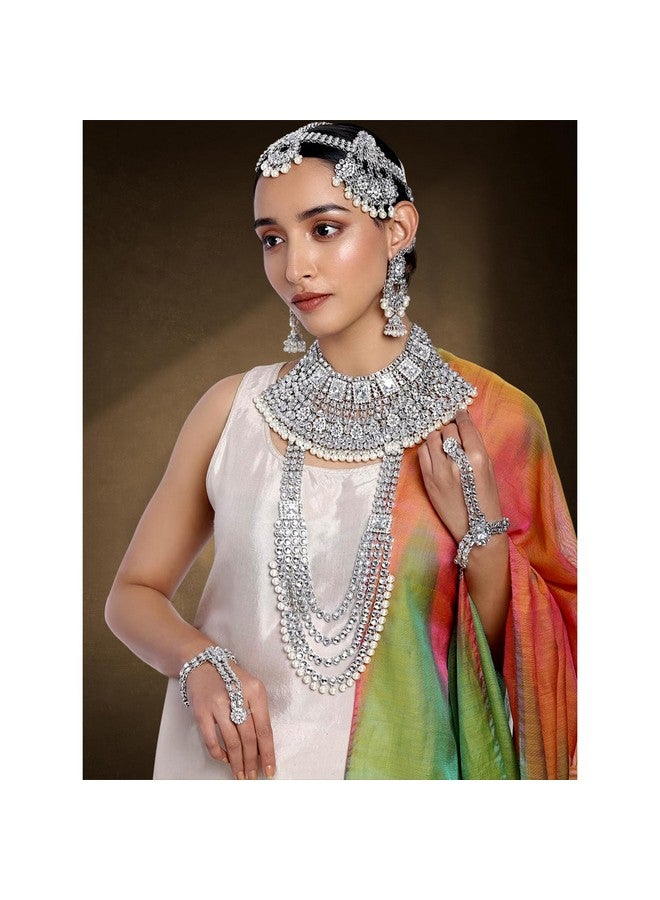 Peora Ethnic Indian Traditional Silver Plated Bras Alloy Kundan Dulhan Bridal Jewellery Set with Choker Earrings Maang Tikka Hathphool for Women Girls, Rhodium White - Image 2