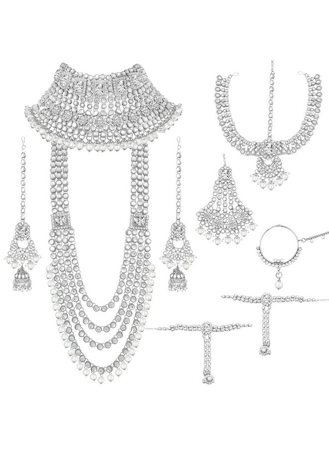 Peora Ethnic Indian Traditional Silver Plated Bras Alloy Kundan Dulhan Bridal Jewellery Set with Choker Earrings Maang Tikka Hathphool for Women Girls, Rhodium White - Image 1
