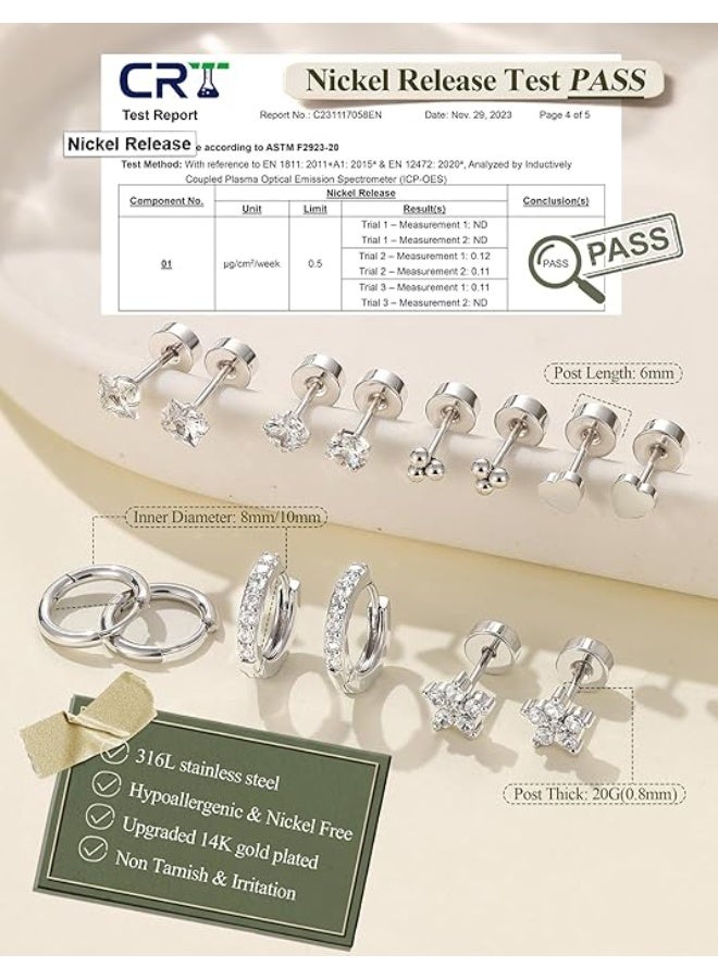 New 12 pairs of earrings, suitable for sensitive ears, made of hypoallergenic medical steel, 14K gold, flat bottom design, suitable for both men and women, small stainless steel earrings, ear bone set, suitable for various ear holes - Image 2