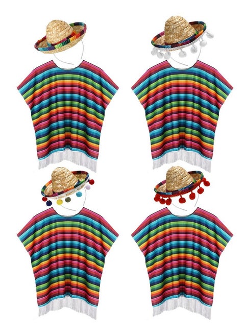 8 Pieces Cinco De Mayo Fiesta Serape Poncho And Sombrero Set 4 Pcs Hats With Rainbow Edge Colorful Mexican Festive Party Decorations For Event(Null) One Size