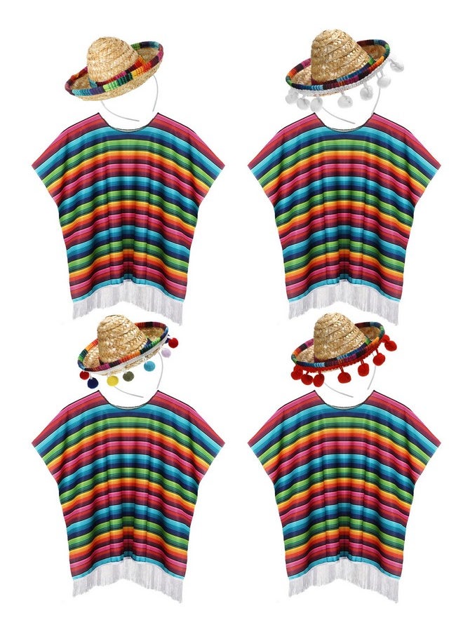JaGely - 8 Pieces Cinco De Mayo Fiesta Serape Poncho And Sombrero Set 4 Pcs Hats With Rainbow Edge Colorful Mexican Festive Party Decorations For Event(Null) One Size - Image 1