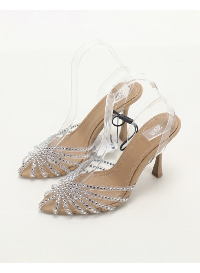 Zara Women's Pointed Toe D'orsay Rhinestone Spider Web Sandals With Thin Heel And Single Strap - Image 1