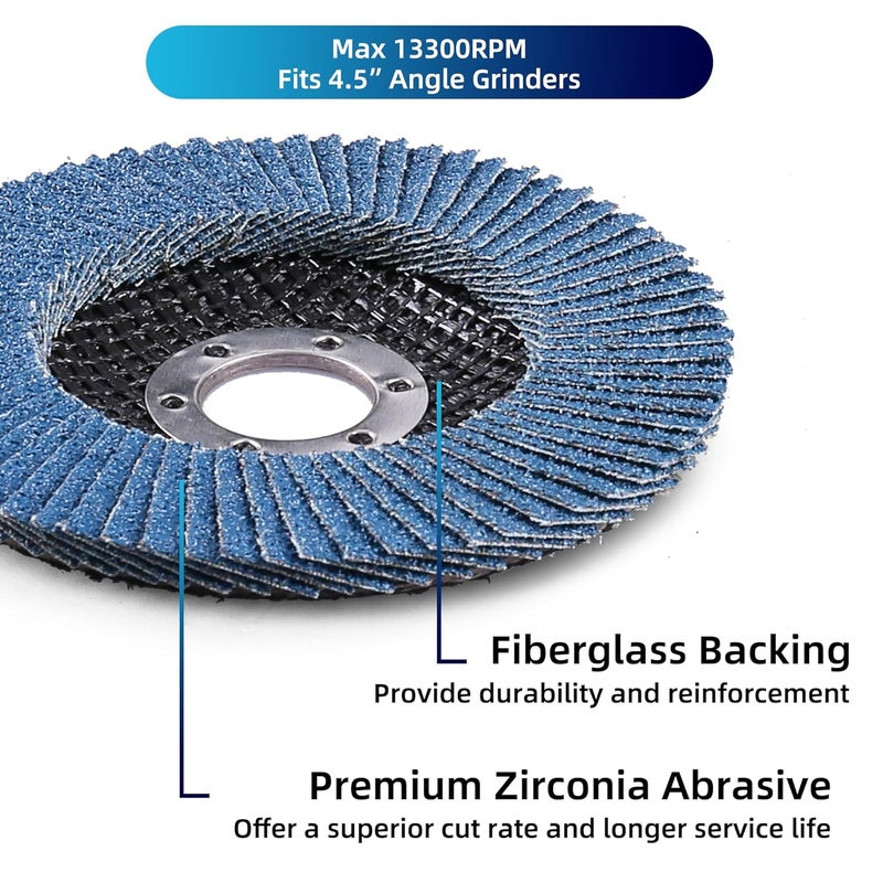 LotFancy 20PCS Flap Discs 4 1/2 for Angle Grinder, Premium Zirconia 40 60 80 120 Grit Sanding Disc, Type 27, 4.5" x 7/8” Grinding Wheels Welding Tools for Metal, Stainless Steel - Image 4