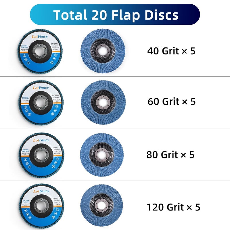 LotFancy 20PCS Flap Discs 4 1/2 for Angle Grinder, Premium Zirconia 40 60 80 120 Grit Sanding Disc, Type 27, 4.5" x 7/8” Grinding Wheels Welding Tools for Metal, Stainless Steel - Image 2