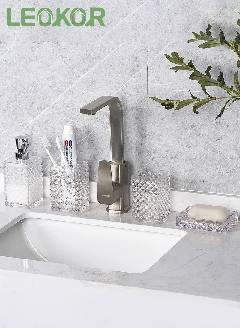 كيلا مجموعة إكسسوارات الحمام، 4 قطع من مجموعات الحمام البلاستيكية المربعة الماسية مع حامل فرشاة الأسنان، وكوب فرشاة الأسنان، وموزع الصابون/اللوشن، ديكور حمام عصري بوهيمي (أبيض) - Image 2