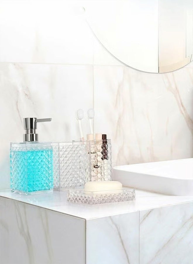 Bukela Bathroom Accessories Set, 4Pcs Square Plastic Diamond Bathroom Sets with Toothbrush Holder,Toothbrush Cup,Soap/Lotion Dispenser, Bohemian Modern Bathroom Decor（White） - Image 3