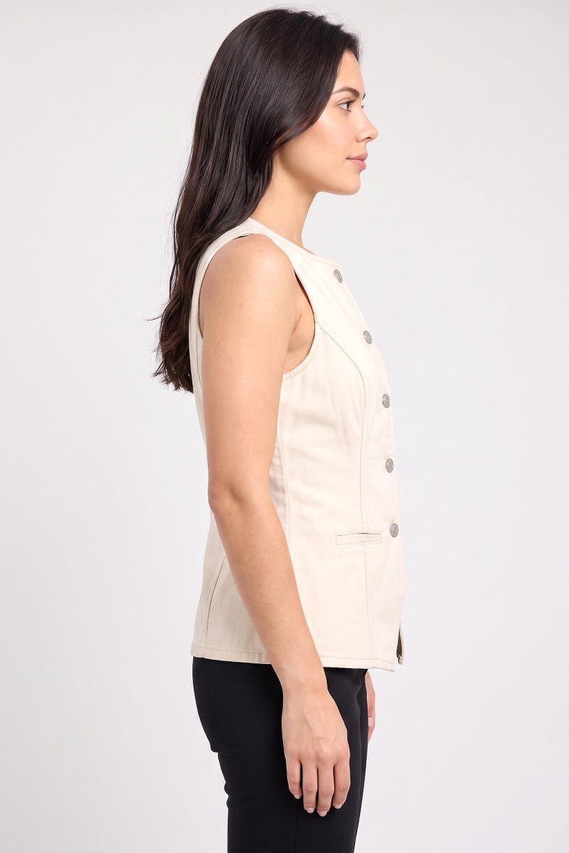 Threadbare Women Round Neck Sleeveless Plain Waist Coat Top, Biege - Image 3