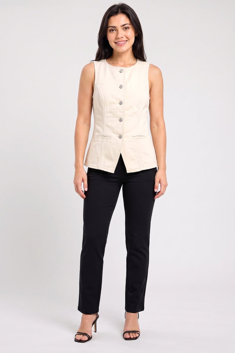 Threadbare Women Round Neck Sleeveless Plain Waist Coat Top, Biege - Image 2