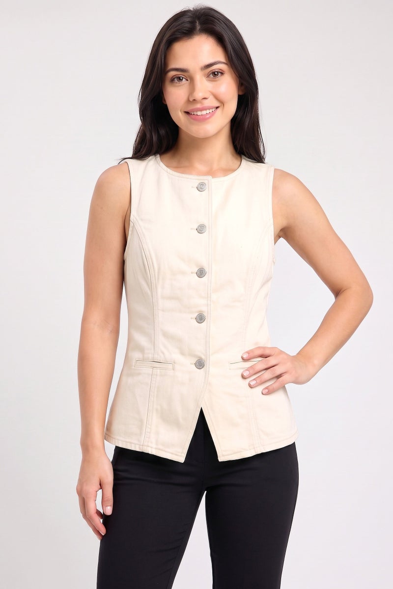Threadbare Women Round Neck Sleeveless Plain Waist Coat Top, Biege - Image 1