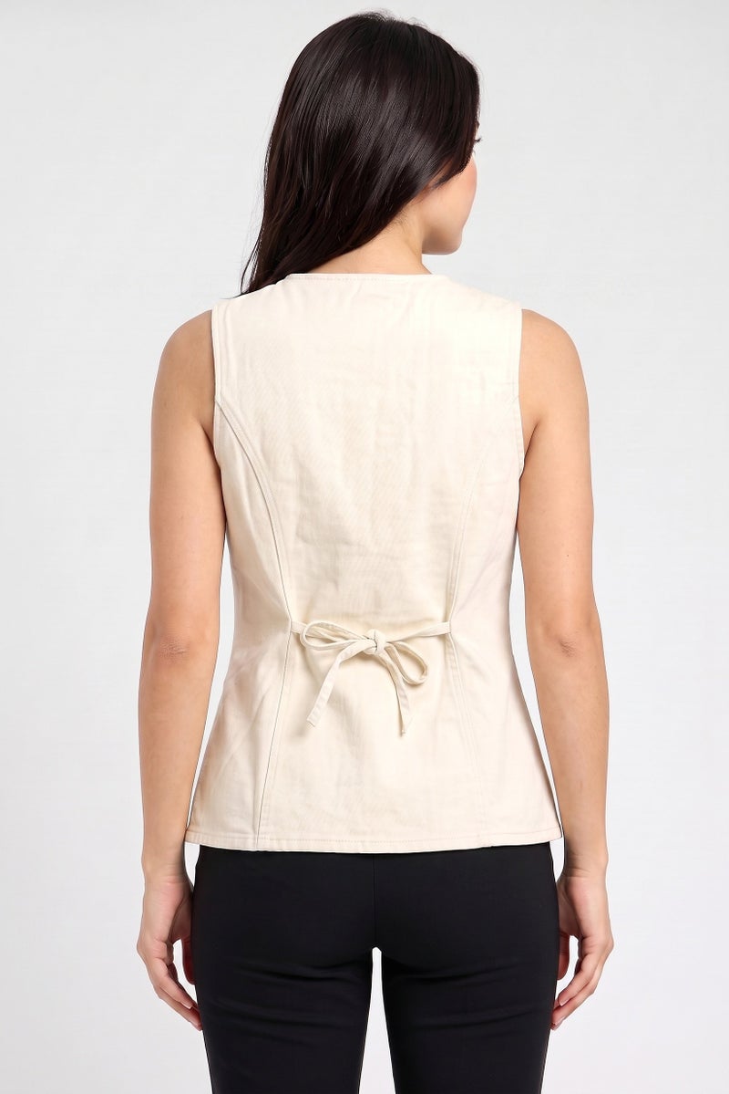 Threadbare Women Round Neck Sleeveless Plain Waist Coat Top, Biege - Image 4