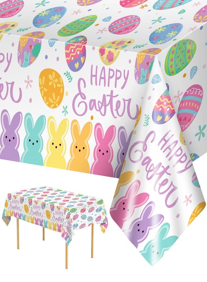 Litmitfu 2 Pcs Happy Easter Table Cloth - Plastic Bunny Eggs Tablecloth, Disposable Rectangle Spring Floral Table Cover for Easter Home Dining Kitchen Activity Party Decorations Tables Decor, 108 x 54 Inch - Image 1