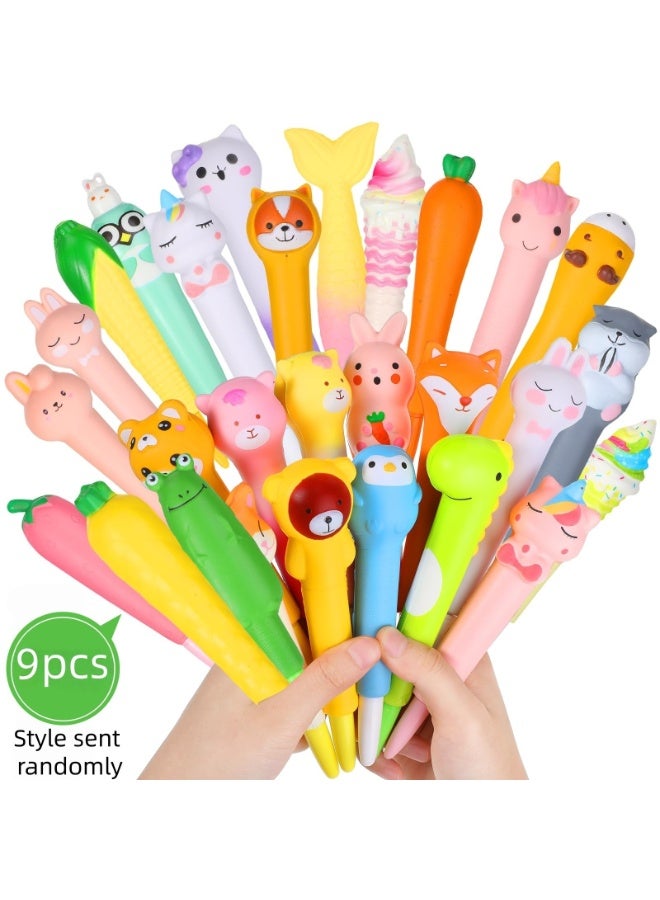 Cute Cartoon Pens, Black Ink, Animal and Fruit Shaped Stress-Relieving Pens for Kids, 9-Piece Cute School Supplies Pen Set, Suitable for Children, Fun Kids Gift (Random Styles Sent) - Image 1
