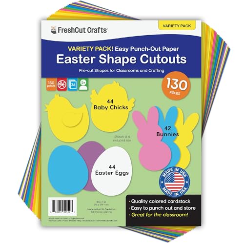 FreshCut Crafts 130 Pieces Eggs, Baby Chicks & Bunny Punch Out Paper Cutouts for Easter Decorations, 2-Sided US Made Card Stock cutouts for Easter Crafts, Spring Party, Bulletin Boards, Classroom Decor - Image 1