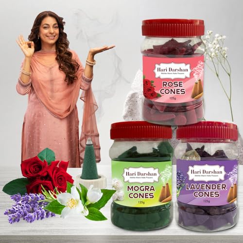 Hari Darshan Traditional Dhoop Cones Combo | Mogra Lavender Rose Fragrance | Chemical-Free Dhoop Cone Set for Pooja Meditation Yoga | Organic Long Lasting Dry Incense – Pack of 3 (125g Each) - Image 2